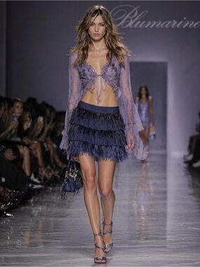 BLUMARINE Designer Navy Silk & Ostrich Feather Tiered Skirt sz IT 44/ US 6